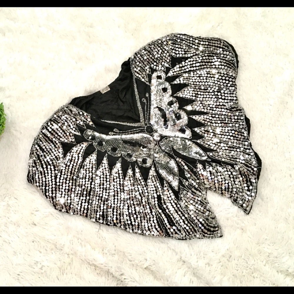 Silver Sequined 100% Silk Batwing Blouse